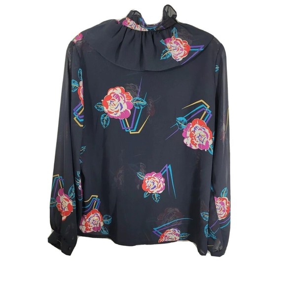 KAKI ROBERTS size 16 sheer Ruffle black flower VINTAGE 80's blouse shirt top - Picture 2 of 7